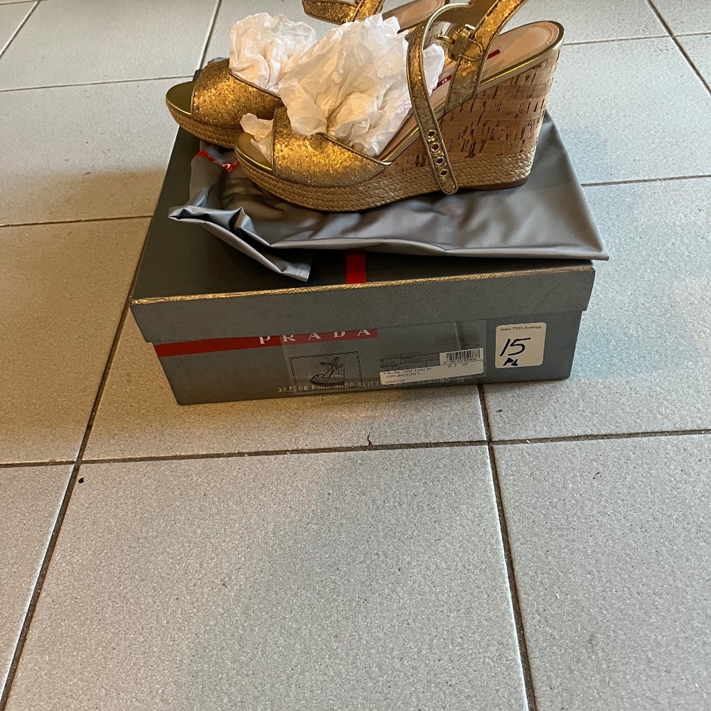 Prada Glitter Cork Wedge Platino Sandals